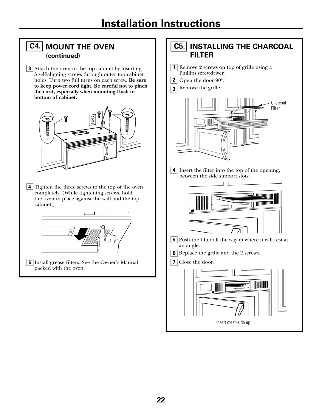 GE JVM1653SH, JVM1600 Series, JVM1653WH manual C5. Installing the Charcoal Filter 