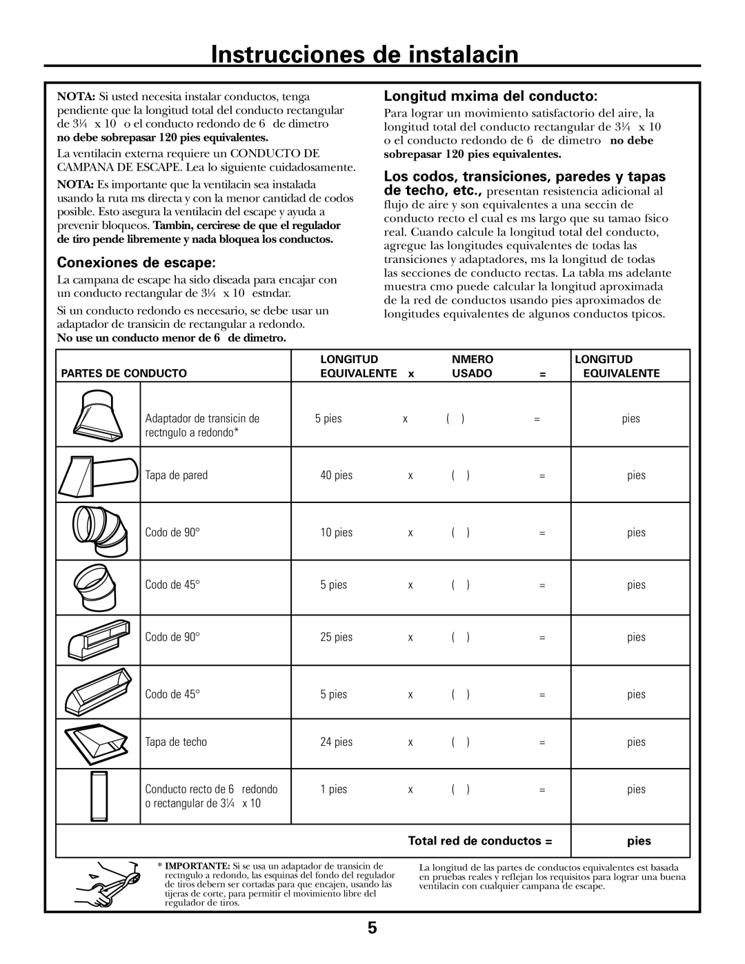 GE JVM1653WH, JVM1600 Series, JVM1653SH manual Conexiones de escape, Longitud máxima del conducto 