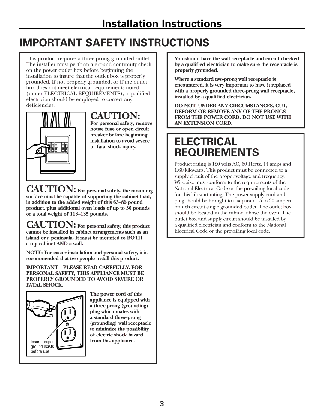 GE JVM1600 Series, JVM1653SH, JVM1653WH manual Important Safety Instructions, Electrical Requirements 