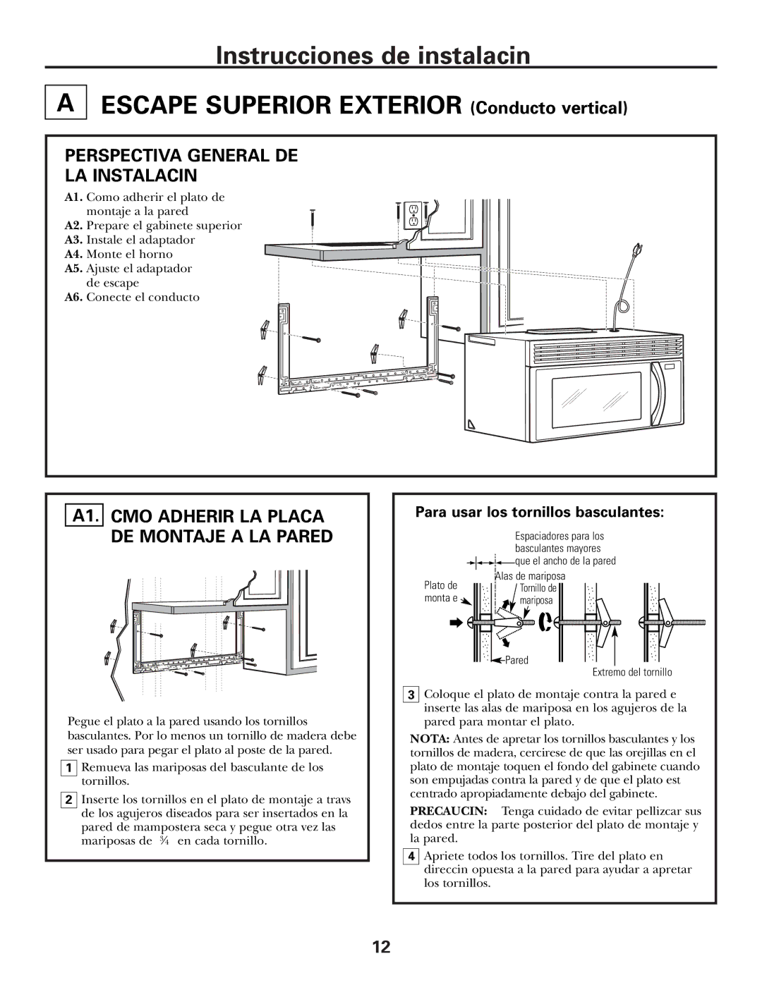 GE JVM1600 Series, JVM1653SH manual Perspectiva General DE LA Instalación, A1. Cómo Adherir LA Placa DE Montaje a LA Pared 