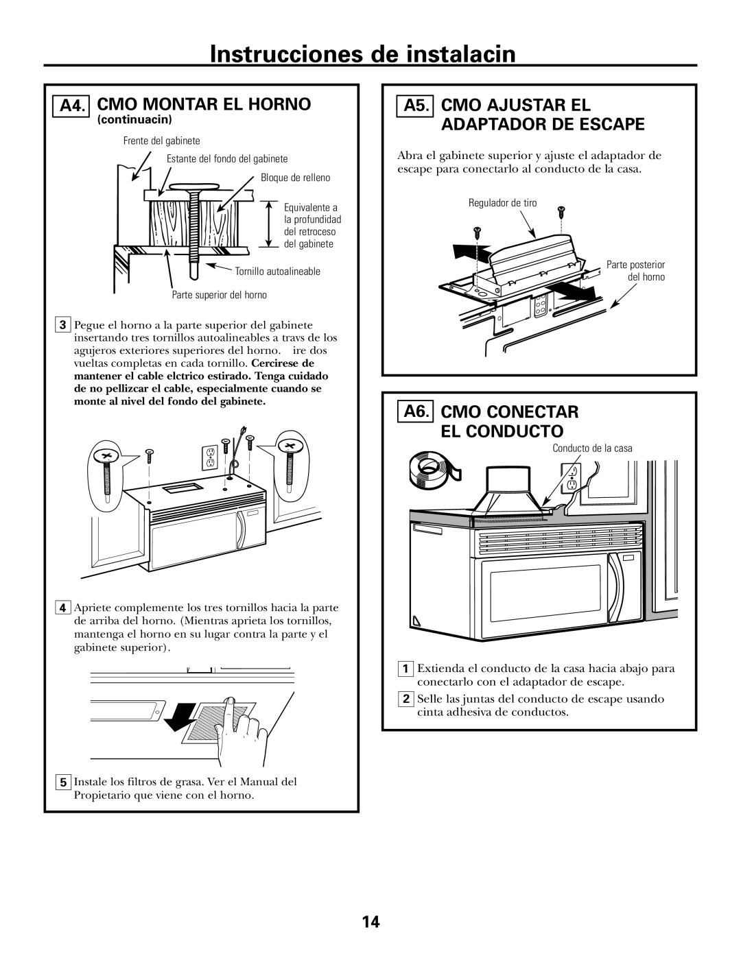 GE JVM1653WH, JVM1600 Series, JVM1653SH manual A6. Cómo Conectar EL Conducto, A5. Cómo Ajustar EL Adaptador DE Escape 