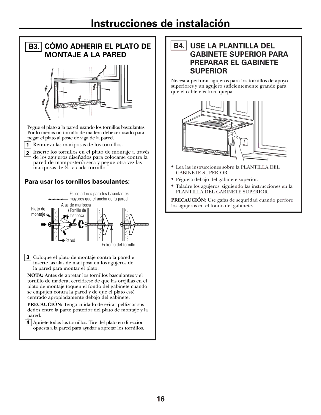 GE JVM1653SH, JVM1600 Series manual B3. Cómo Adherir EL Plato DE Montaje a LA Pared, Para usar los tornillos basculantes 