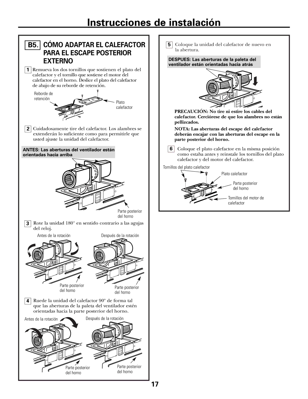 GE JVM1653WH, JVM1600 Series, JVM1653SH manual Para EL Escape Posterior Externo, B5. Cómo Adaptar EL Calefactor 