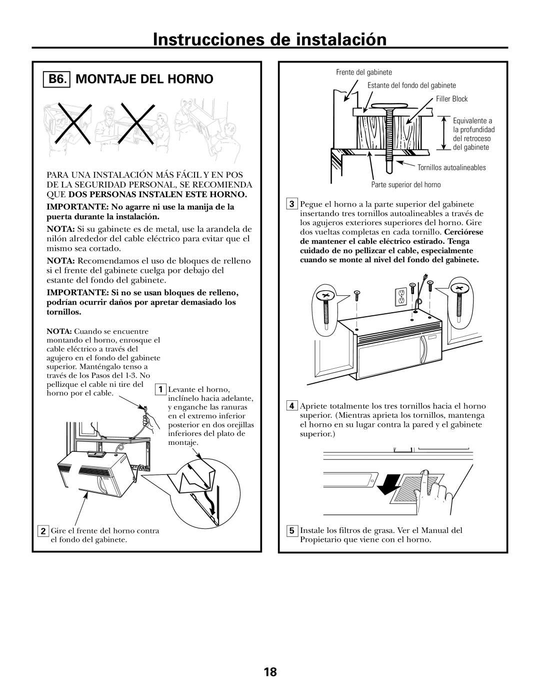 GE JVM1600 Series, JVM1653SH, JVM1653WH manual B6. Montaje DEL Horno 