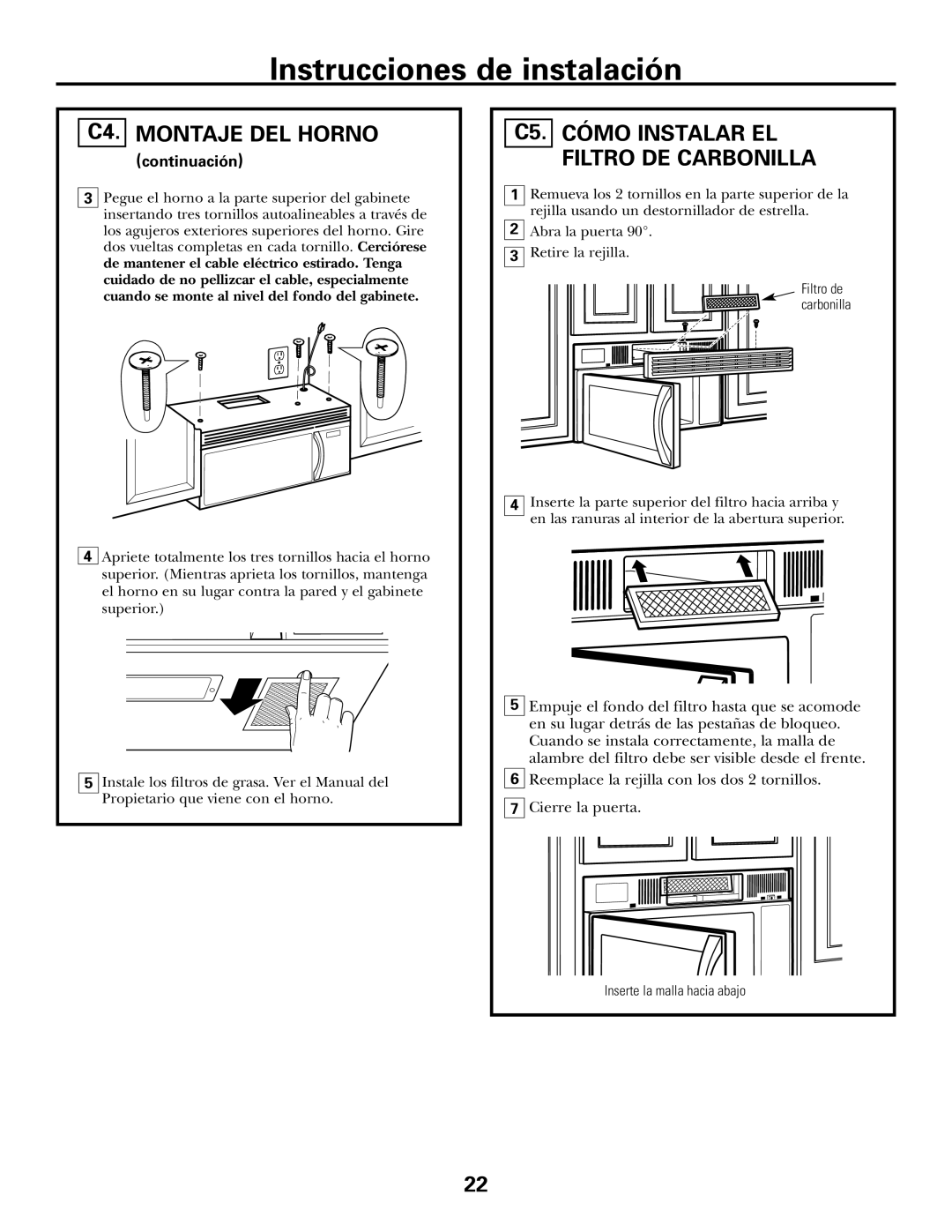 GE JVM1653SH, JVM1600 Series, JVM1653WH manual C5. Cómo Instalar EL Filtro DE Carbonilla 