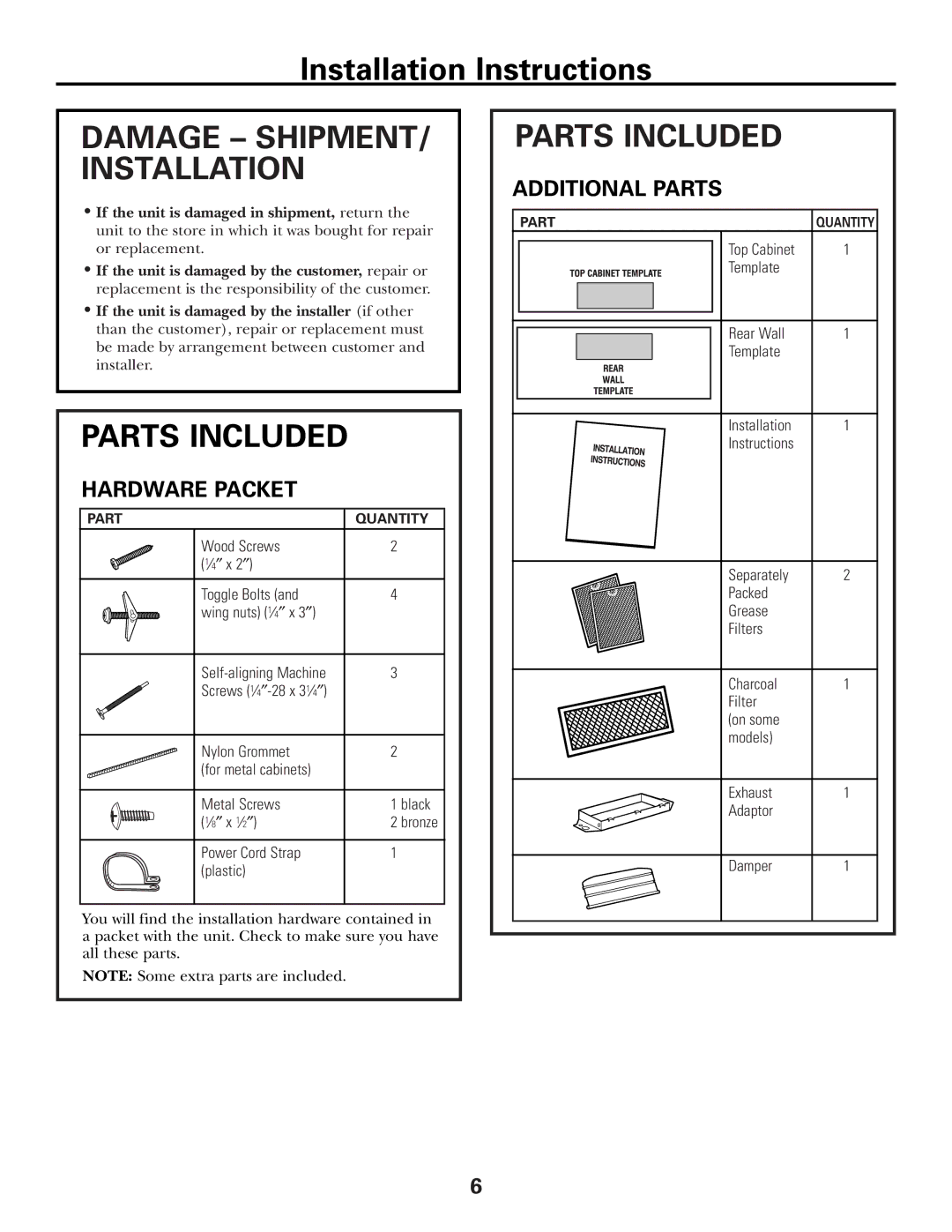 GE JVM1600 Series, JVM1653SH, JVM1653WH Damage SHIPMENT/ Installation, Parts Included, Hardware Packet, Additional Parts 