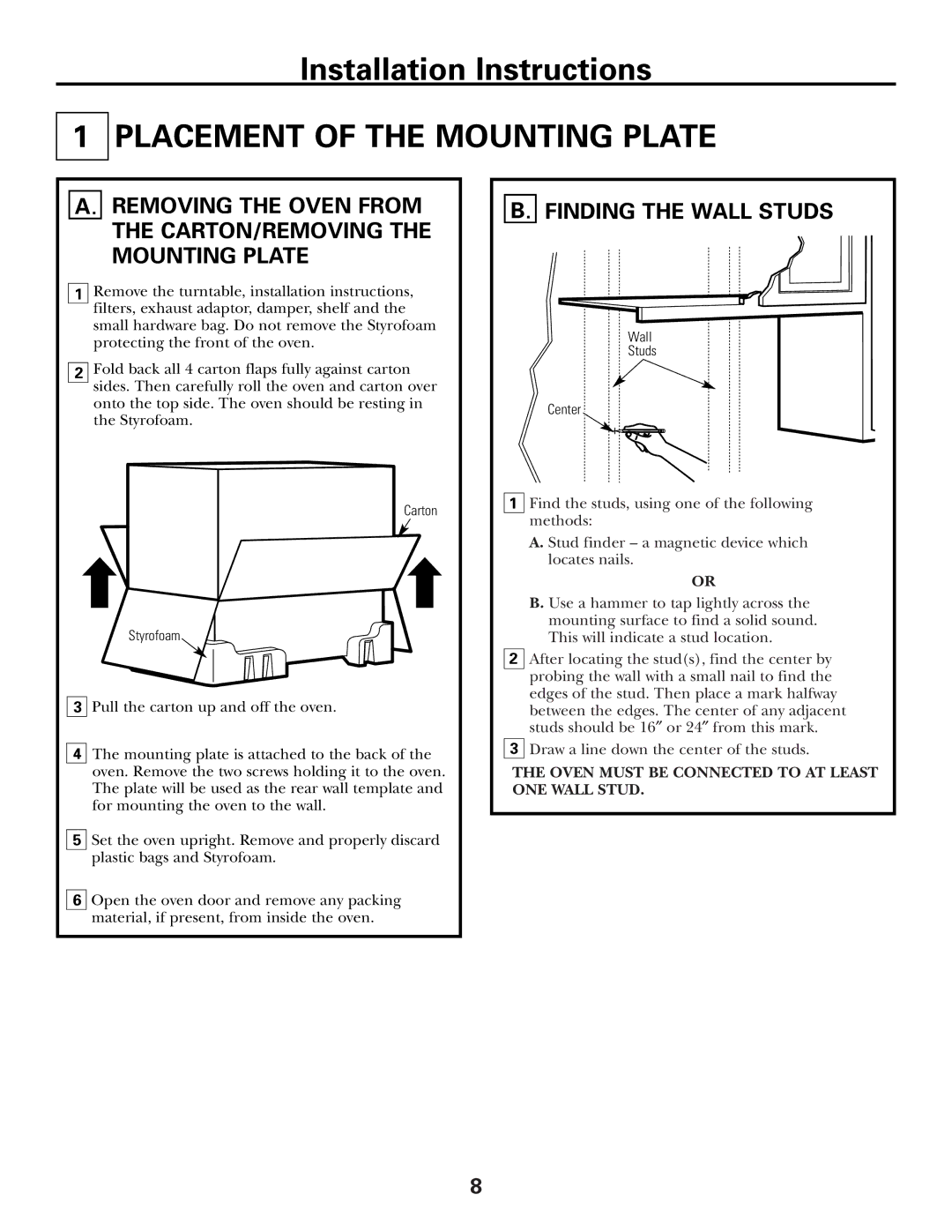 GE JVM1653WH, JVM1600 Series, JVM1653SH manual Placement of the Mounting Plate, Finding the Wall Studs 