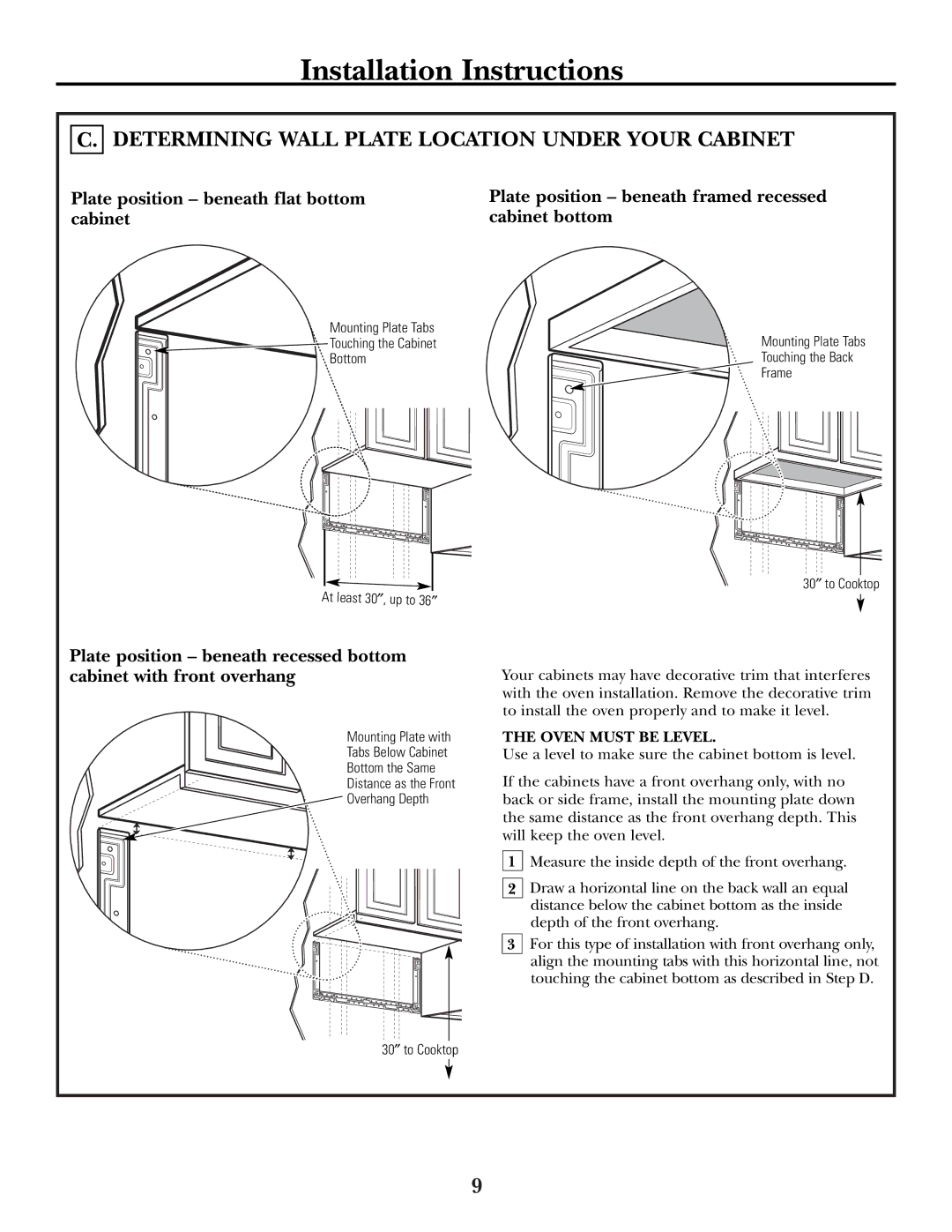 GE JVM1600 Series, JVM1653SH, JVM1653WH manual Determining Wall Plate Location Under Your Cabinet, Oven Must be Level 