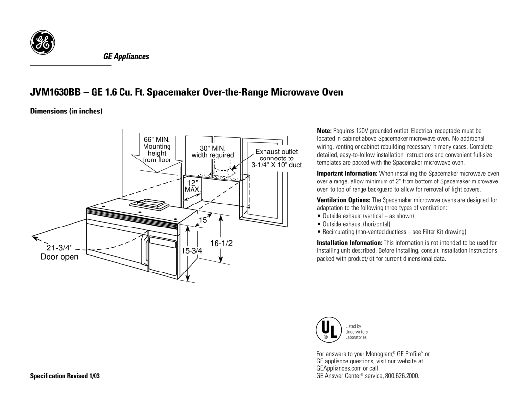 GE JVM1630BB dimensions Dimensions in inches, MIN Mounting, Height Width, From floor 