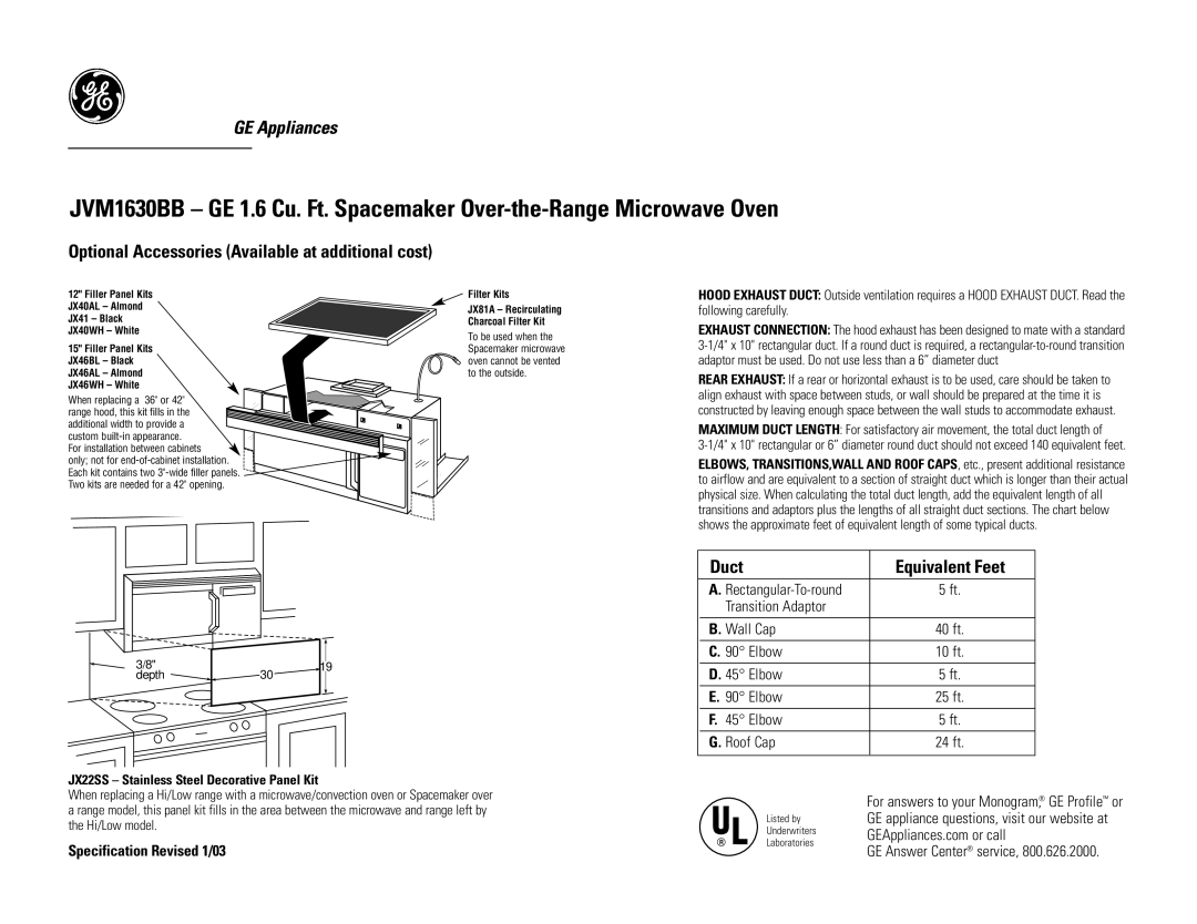 GE JVM1630BB dimensions Duct Equivalent Feet, Transition Adaptor Wall Cap, Elbow Roof Cap 