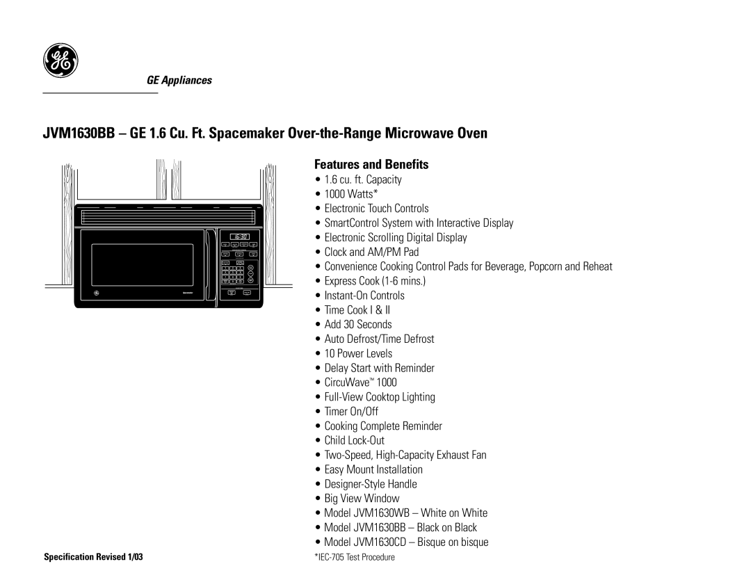 GE JVM1630BB dimensions Features and Benefits 