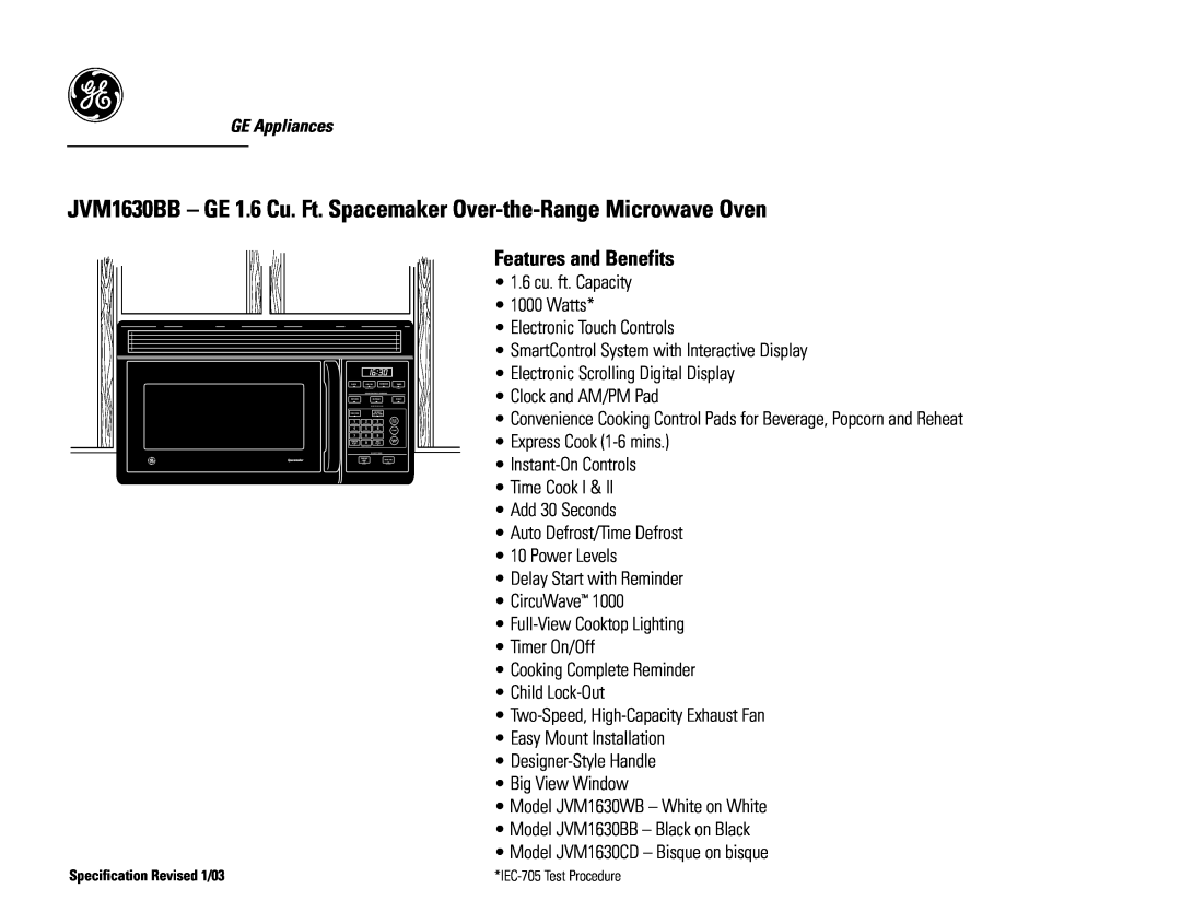 GE JVM1630BB dimensions Features and Benefits 