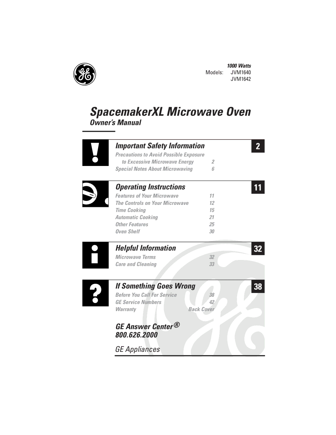 GE JVM1642, JVM1640 owner manual SpacemakerXL Microwave Oven 