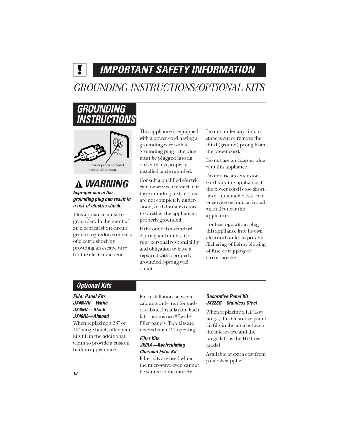 GE JVM1640, JVM1642 owner manual Optional Kits, Filler Panel Kits JX48WH-White JX48BL-Black JX48AL-Almond 