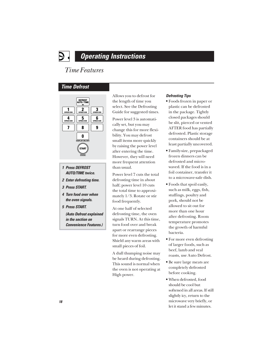 GE JVM1640, JVM1642 owner manual Time Defrost, Enter defrosting time Press Start, Defrosting Tips 