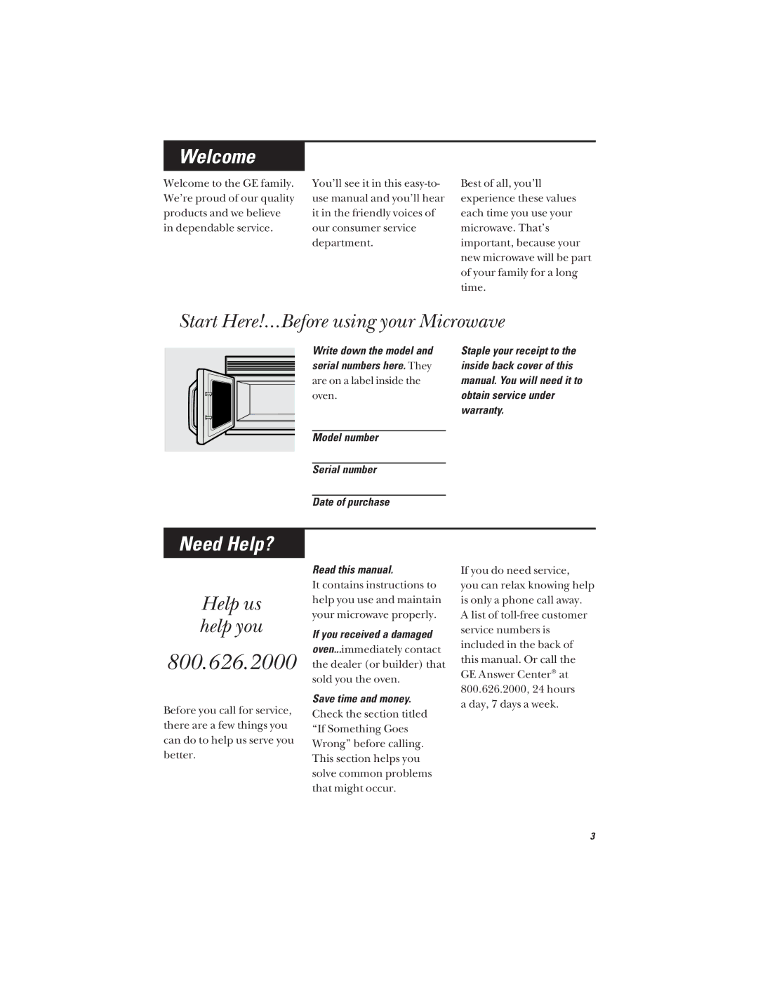 GE JVM1642, JVM1640 owner manual Welcome, Start Here!…Before using your Microwave, Need Help?, Help us help you 