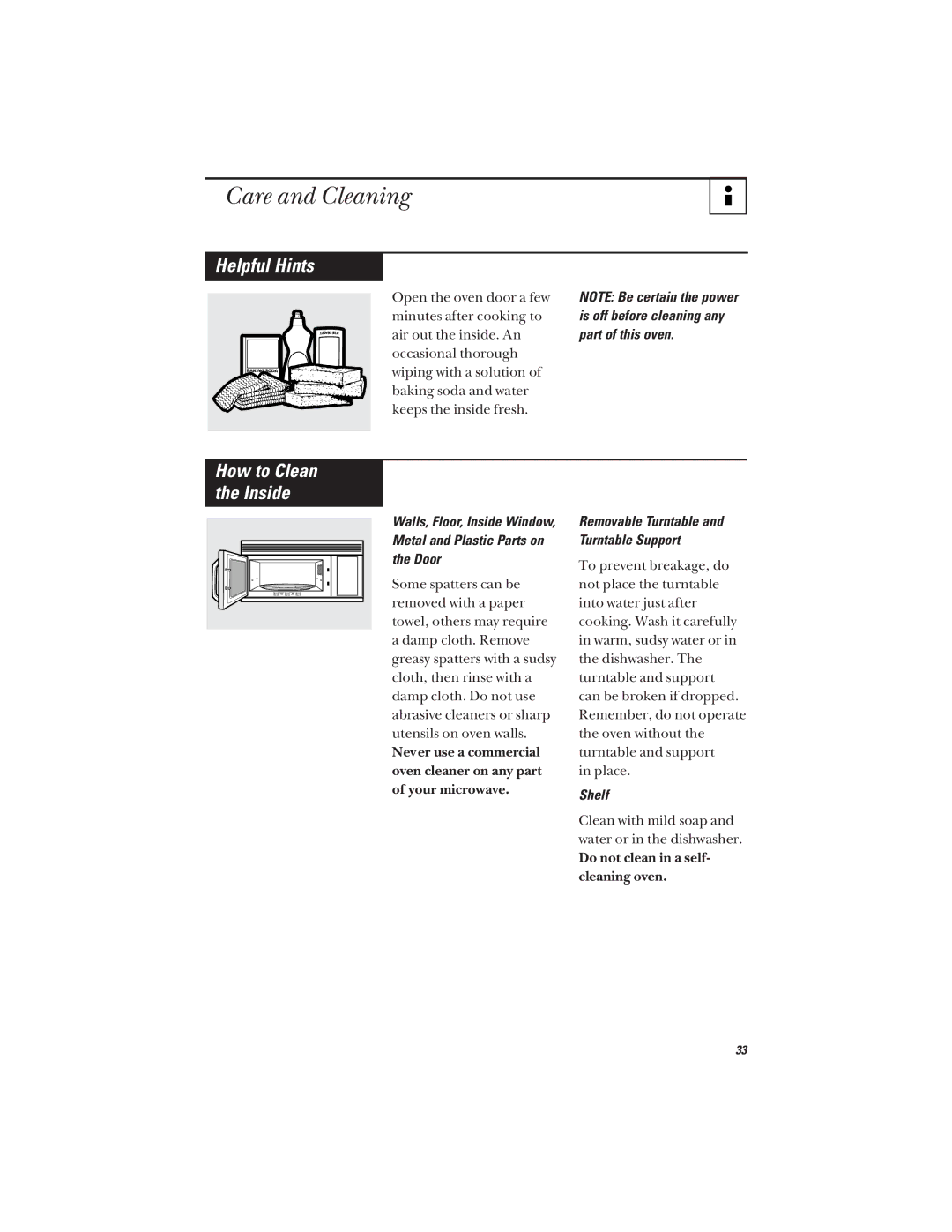 GE JVM1642, JVM1640 owner manual Care and Cleaning, Helpful Hints, Removable Turntable and Turntable Support, Shelf 