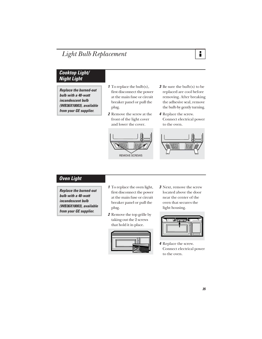 GE JVM1642, JVM1640 owner manual Light Bulb Replacement, Oven Light 