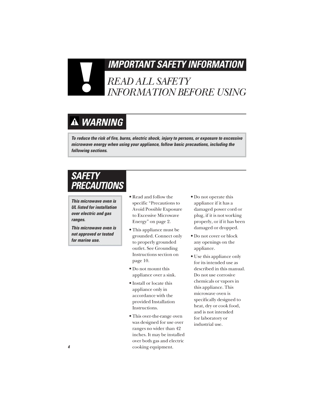 GE JVM1640, JVM1642 owner manual Safety Precautions 