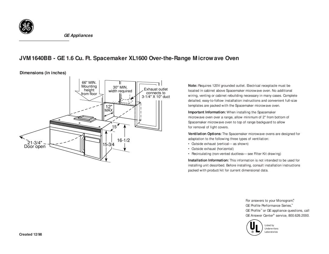 GE JVM1640BB, JVM1640AB, JVM1640WB dimensions Dimensions in inches, 21-3/4 16-1/2 15-3 /4 Door open, Created 12/98 