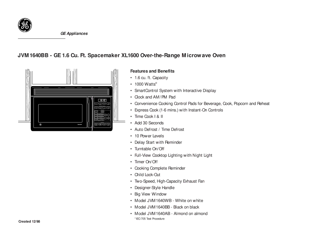 GE JVM1640AB, JVM1640BB, JVM1640WB dimensions Features and Benefits 