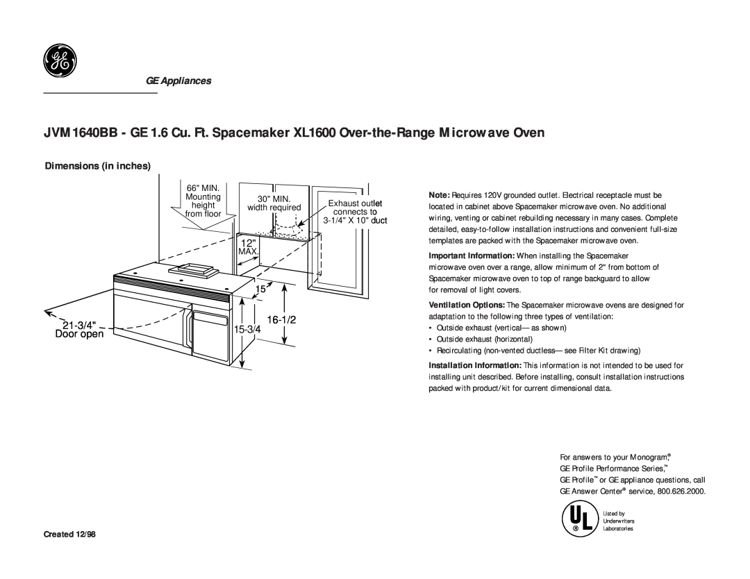 GE JVM1640BB dimensions GE Appliances, Dimensions in inches, 21-3/4, 16-1/2, 15-3/4, Door open, Created 12/98, 66 MIN 
