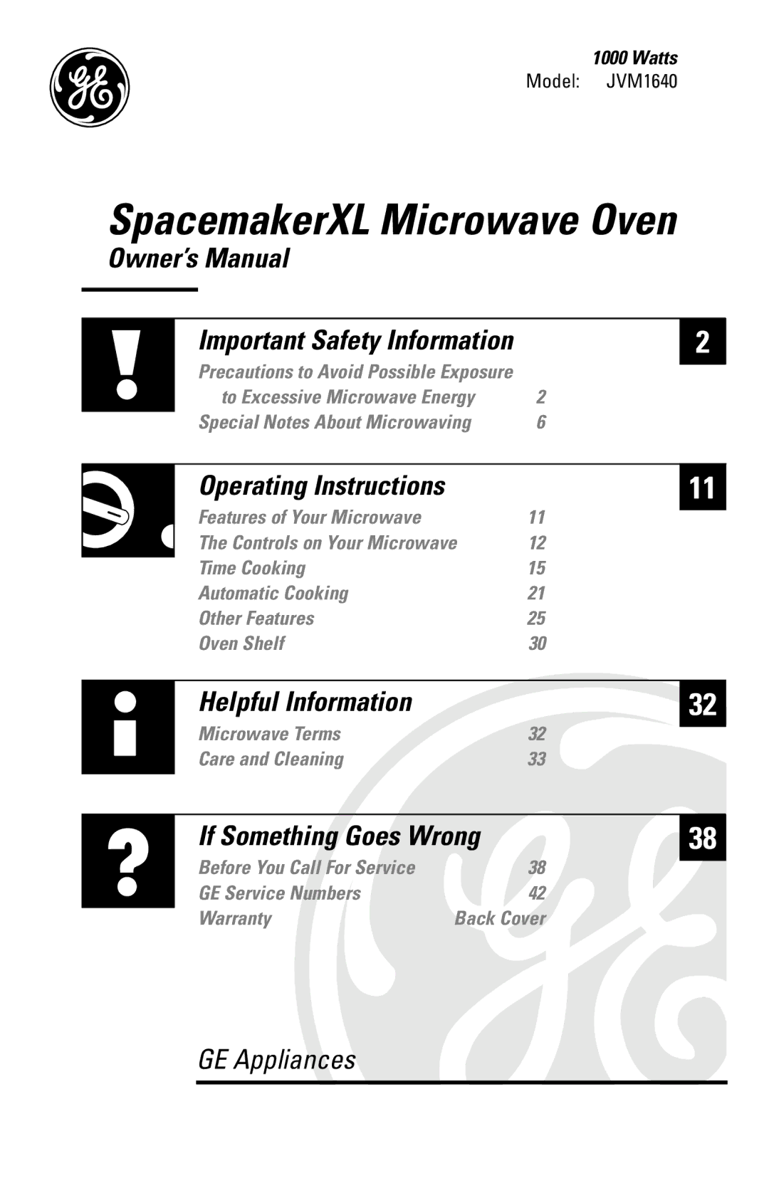 GE JVM1640AB owner manual SpacemakerXL Microwave Oven, Watts 