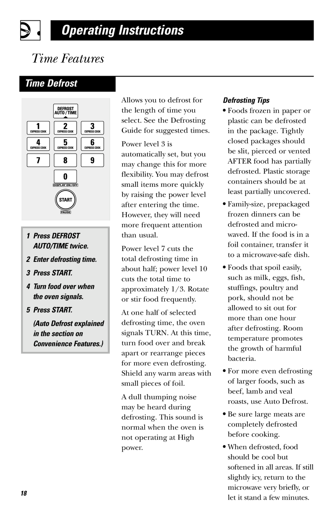 GE JVM1640AB owner manual Time Defrost, Enter defrosting time Press Start, Defrosting Tips 