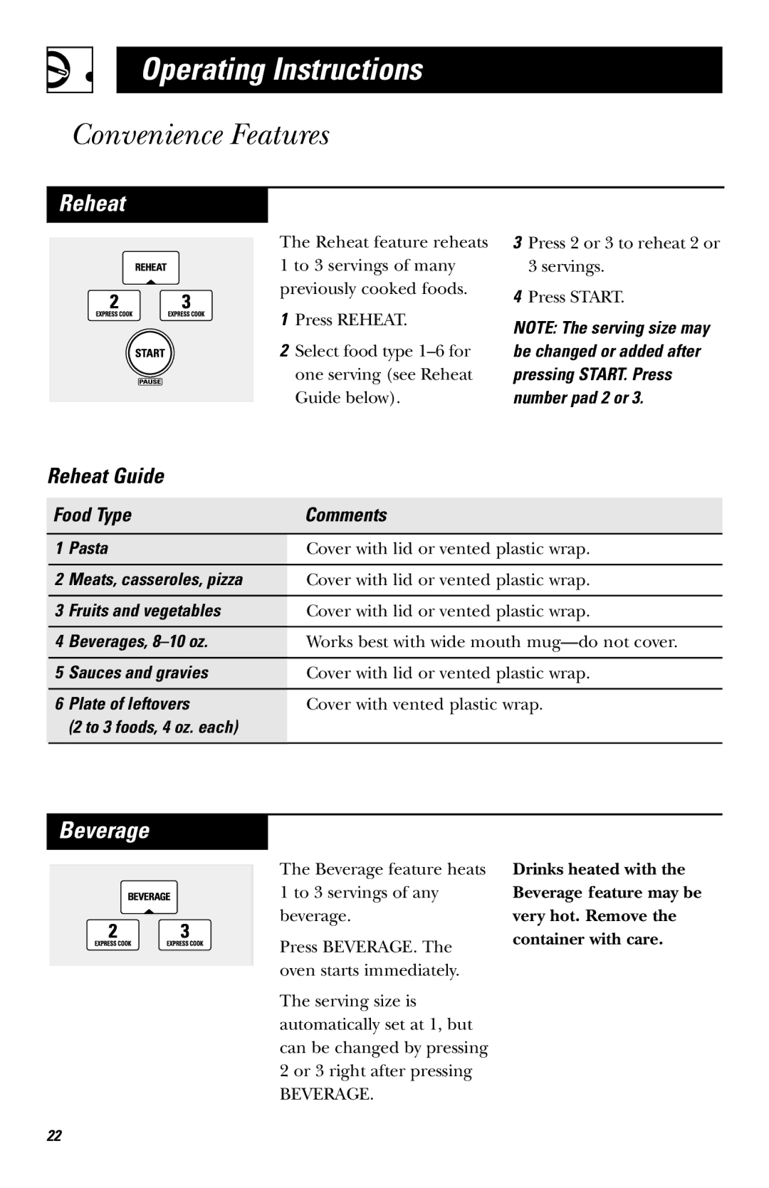 GE JVM1640AB owner manual Reheat, Beverage, Food Type Comments 