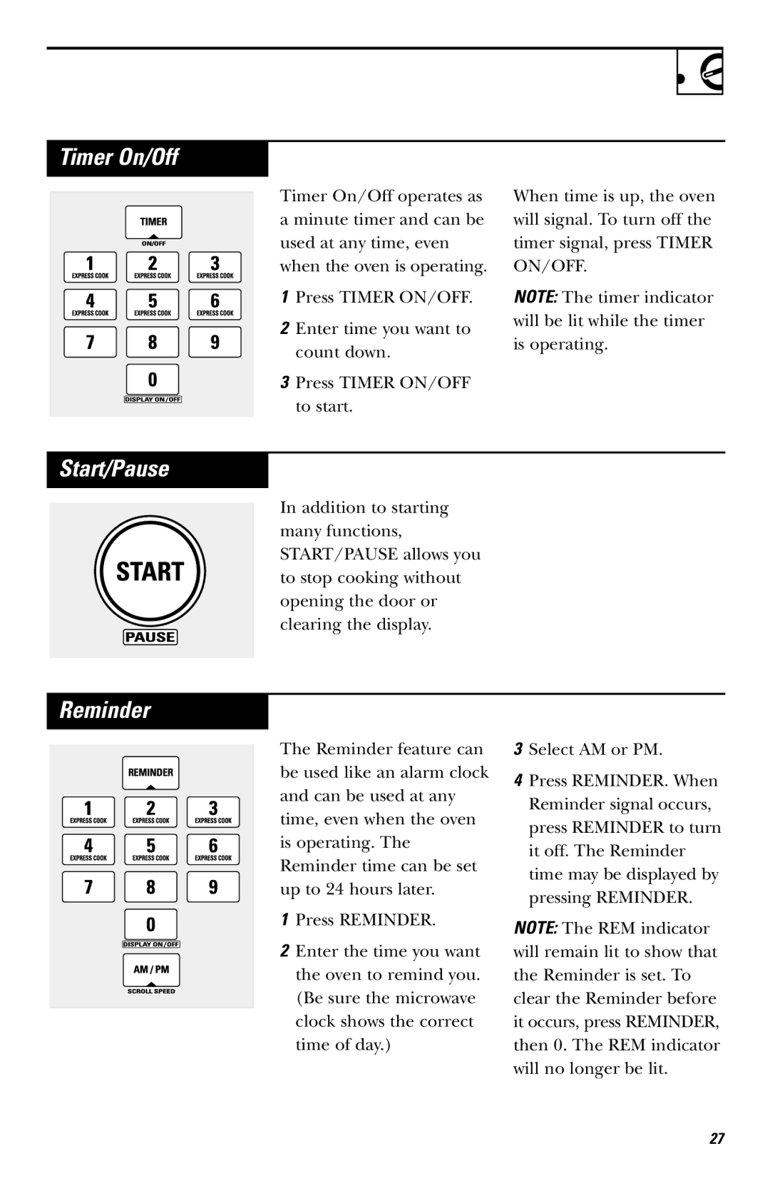 GE JVM1640AB owner manual Timer On/Off, Start/Pause 