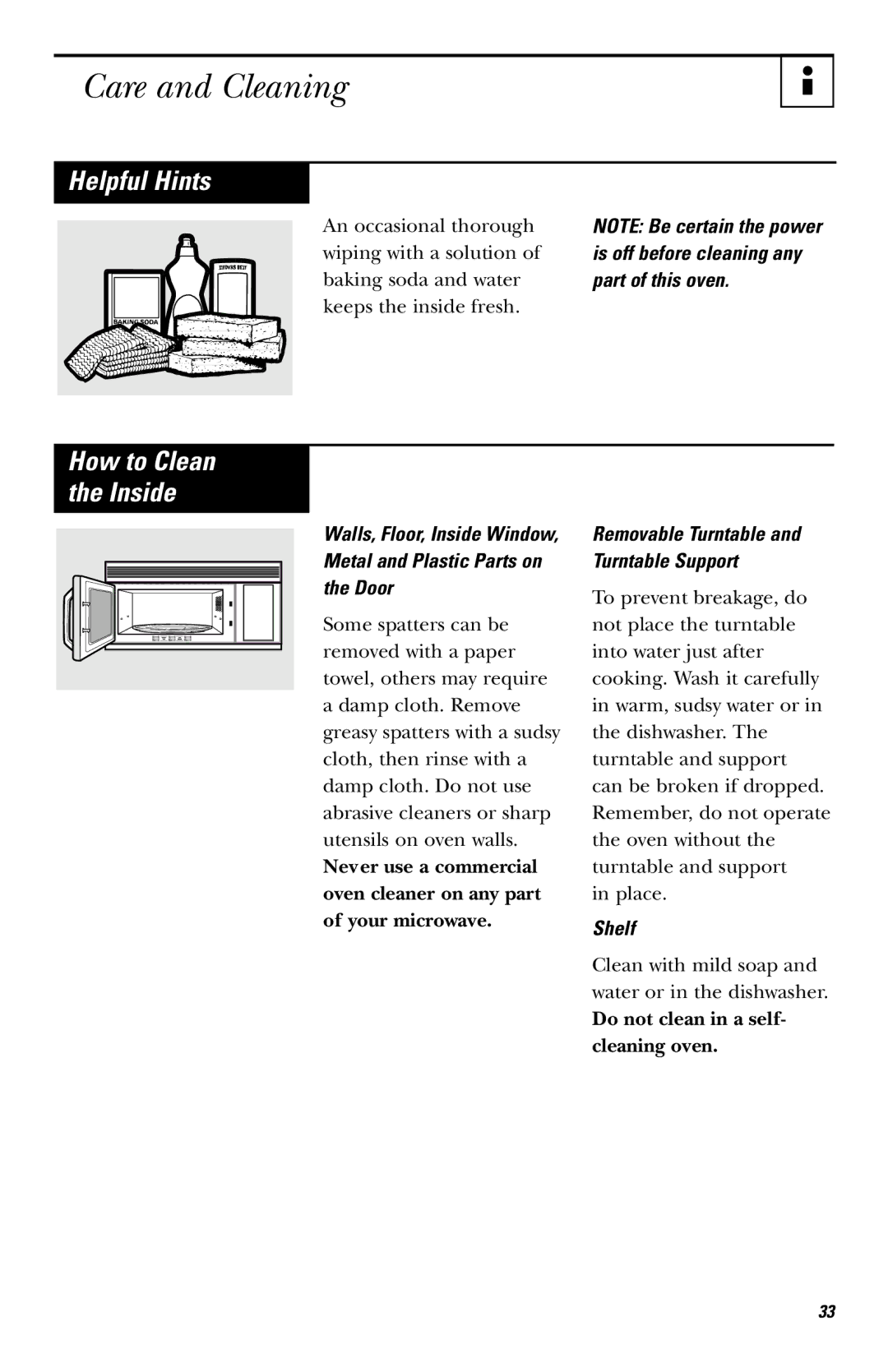 GE JVM1640AB owner manual Care and Cleaning, Helpful Hints, Removable Turntable and Turntable Support, Shelf 