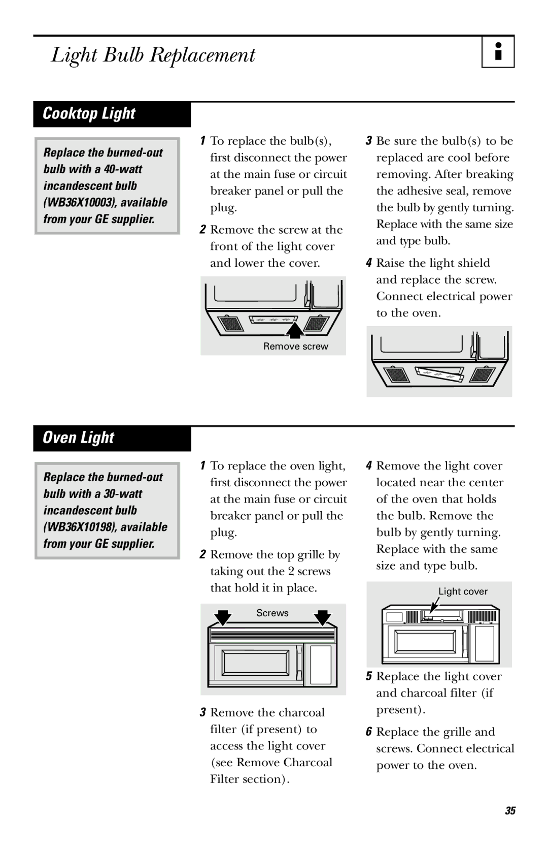 GE JVM1640AB owner manual Light Bulb Replacement, Cooktop Light, Oven Light 