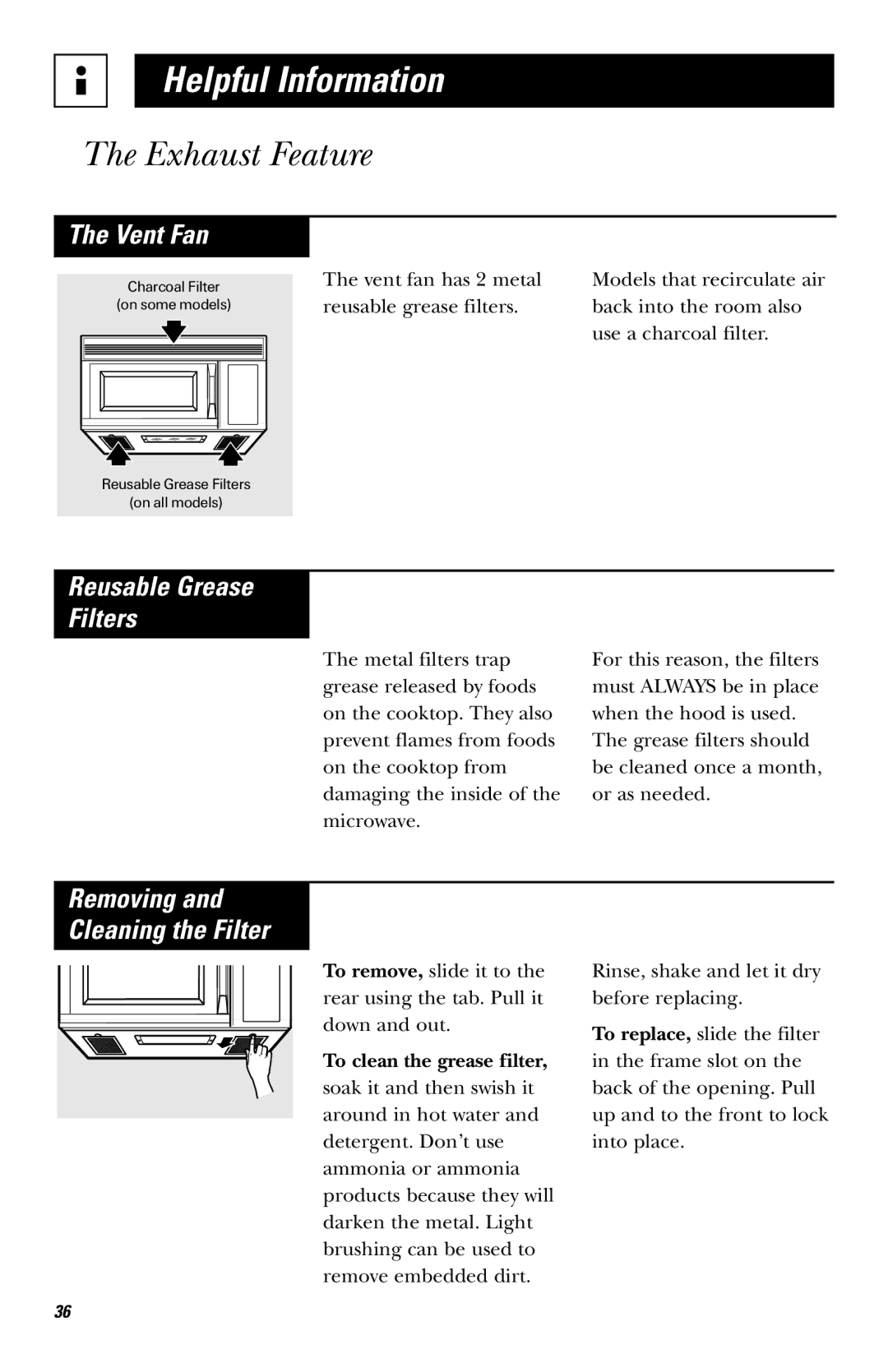 GE JVM1640AB owner manual Exhaust Feature, Reusable Grease Filters 
