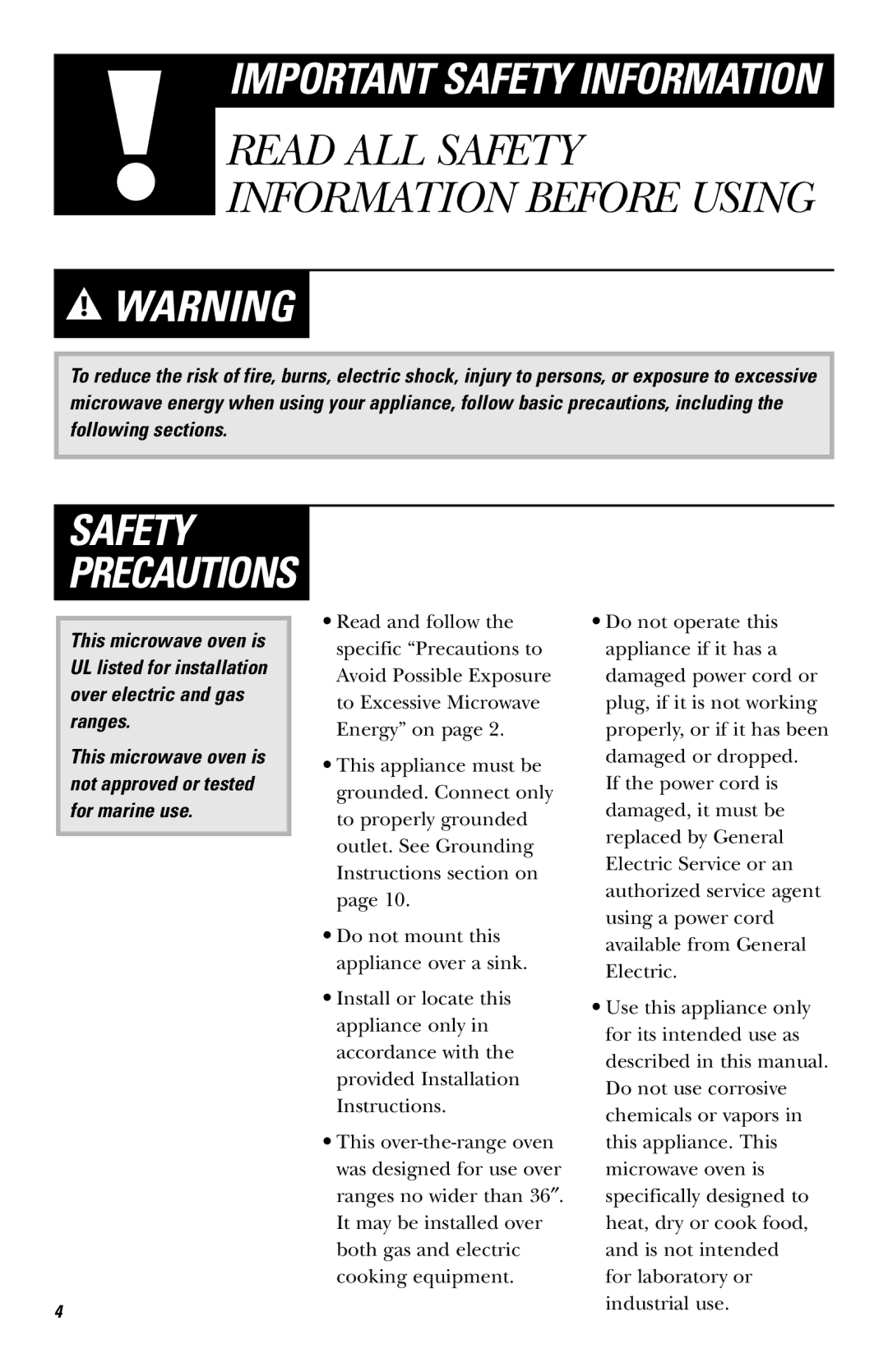 GE JVM1640AB owner manual Safety Precautions 