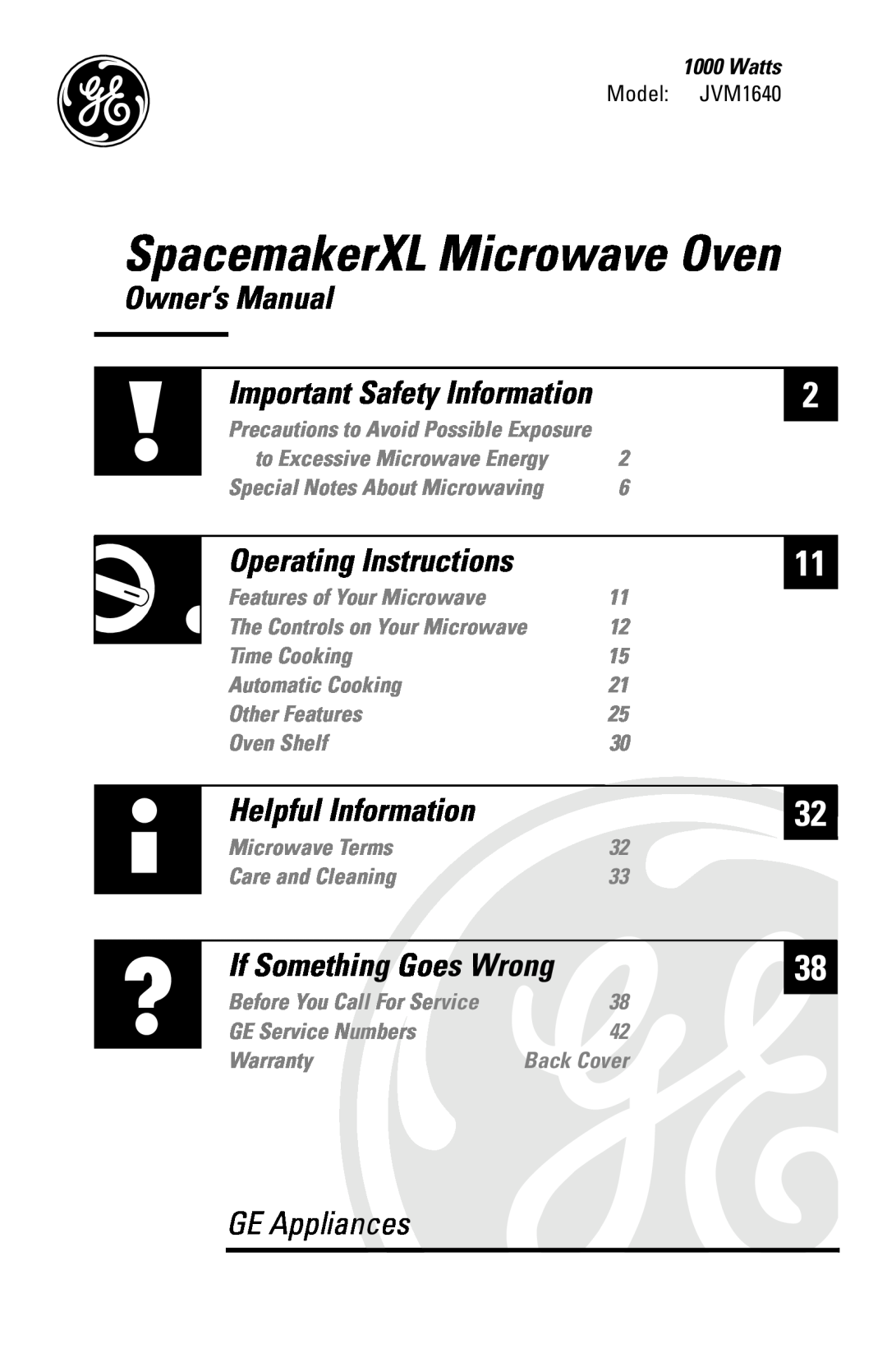 GE JVM1640AB owner manual Owner’s Manual, Watts, SpacemakerXL Microwave Oven, GE Appliances, Operating Instructions 