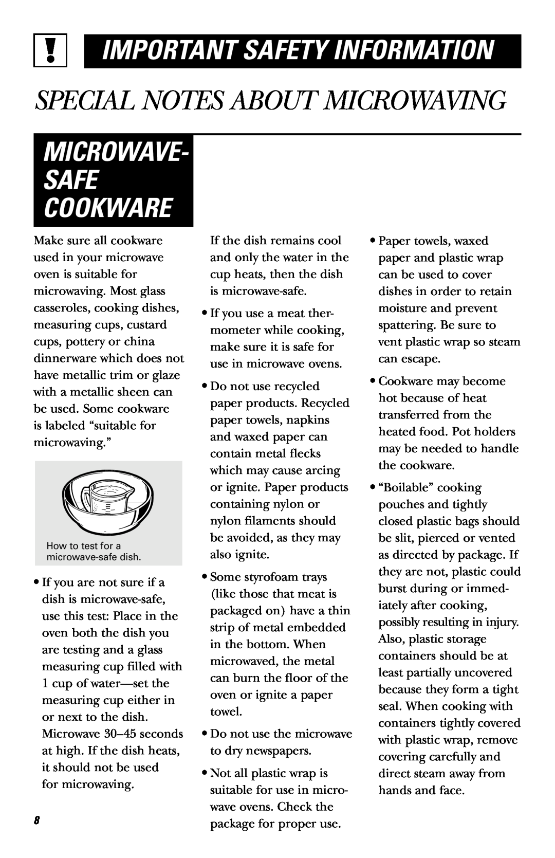 GE JVM1640AB owner manual Microwave Safe Cookware, Special Notes About Microwaving, Important Safety Information 