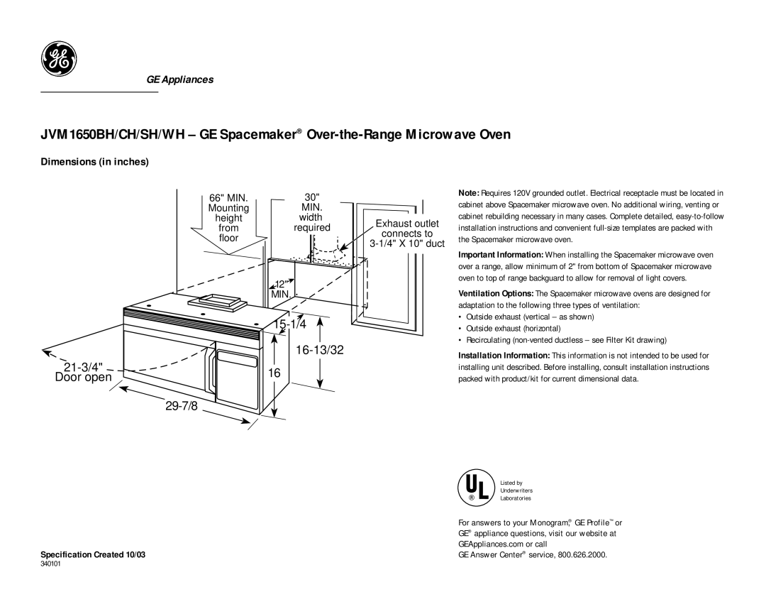 GE JVM1650CH, JVM1650SH, JVM1650BH dimensions 15-1/4 16-13/32 21-3/4 Door open, 29-7/8, Dimensions in inches, Width 