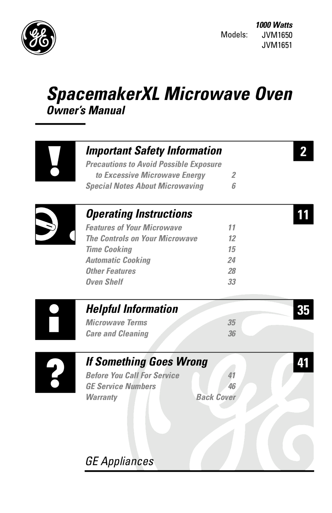 GE JVM1650, JVM1651 owner manual SpacemakerXL Microwave Oven, Watts 