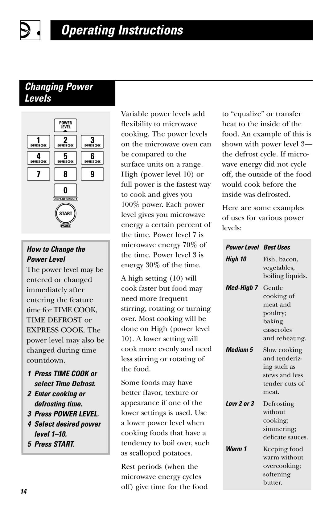 GE JVM1651 Changing Power Levels, How to Change Power Level, Press Power Level Select desired power level Press Start 