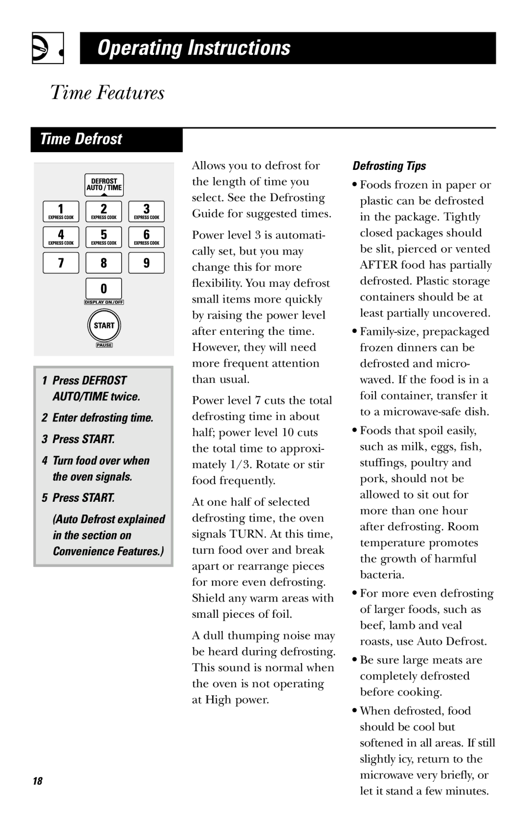 GE JVM1651, JVM1650 owner manual Time Defrost, Enter defrosting time Press Start, Defrosting Tips 