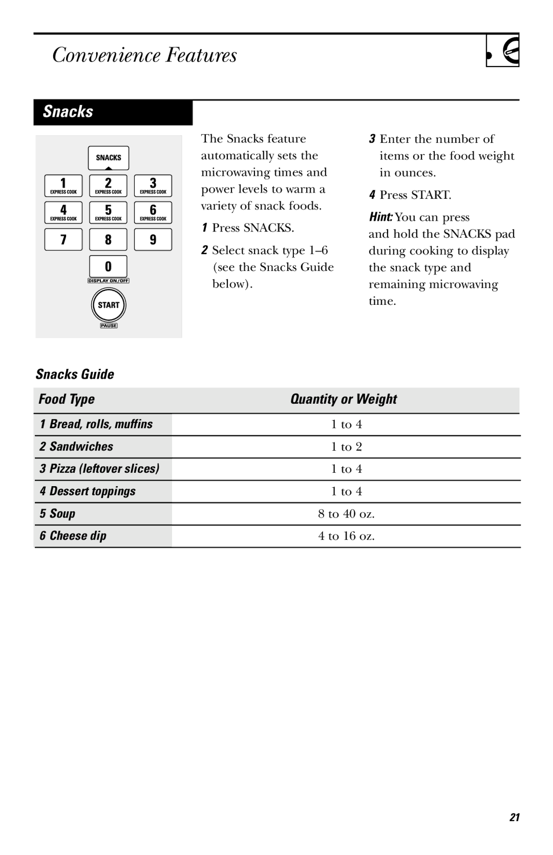 GE JVM1650, JVM1651 owner manual Convenience Features, Snacks Guide Food Type Quantity or Weight 