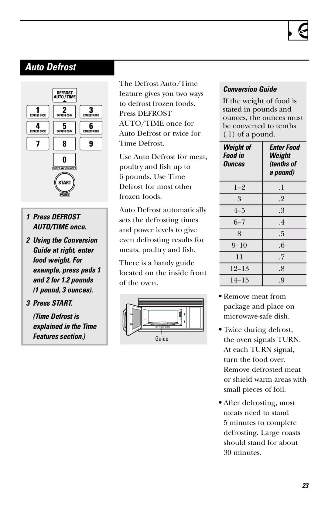 GE JVM1650, JVM1651 owner manual Auto Defrost, Conversion Guide, Food Weight Ounces Tenths Pound 