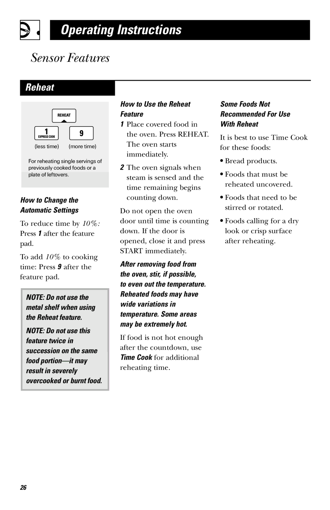 GE JVM1651, JVM1650 owner manual How to Change Automatic Settings, How to Use the Reheat Feature 