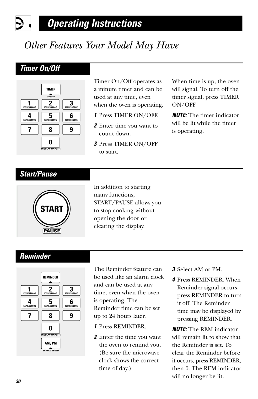 GE JVM1651, JVM1650 owner manual Timer On/Off, Start/Pause 