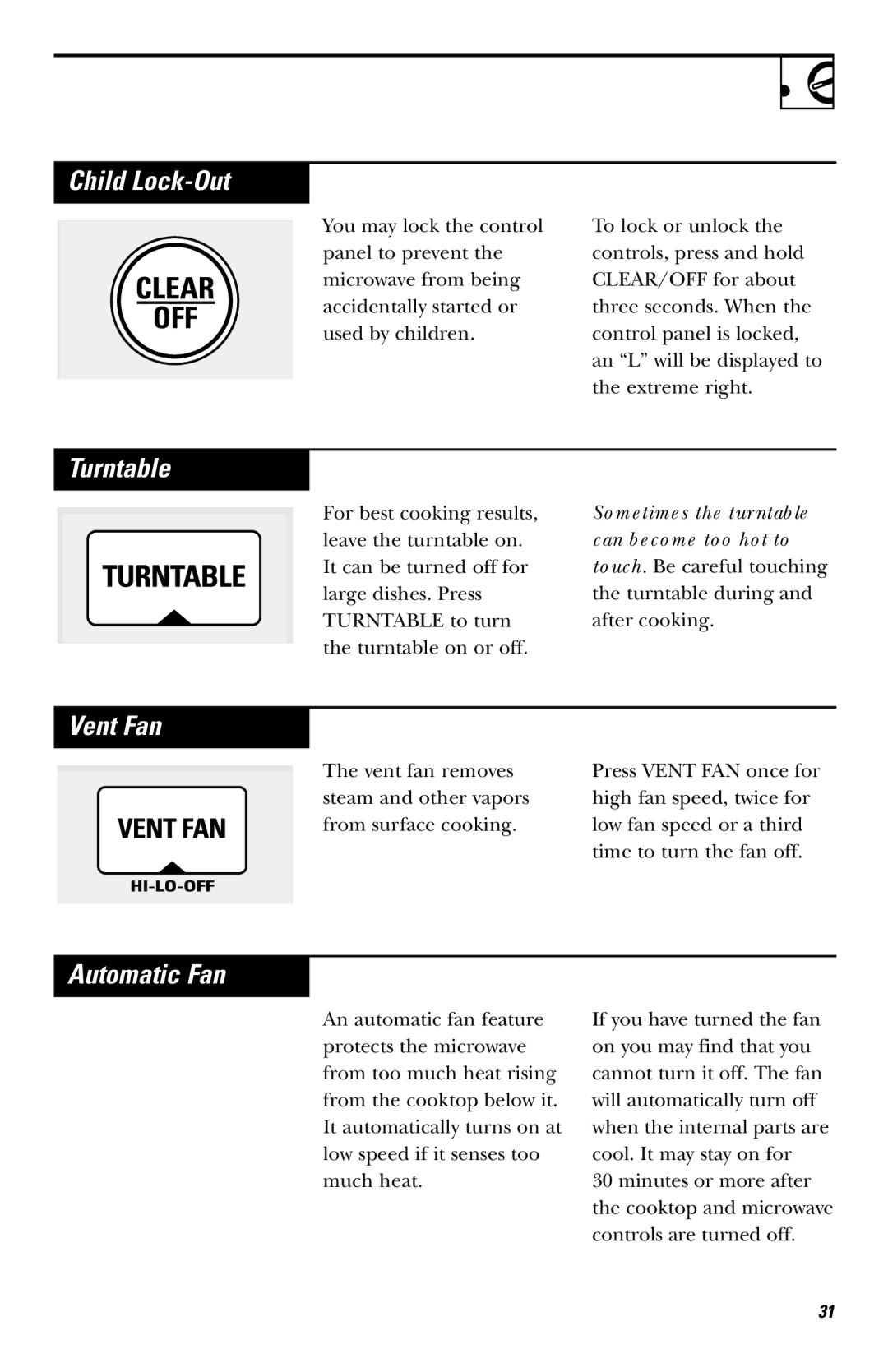 GE JVM1650, JVM1651 owner manual Child Lock-Out, Turntable, Vent Fan, Automatic Fan 