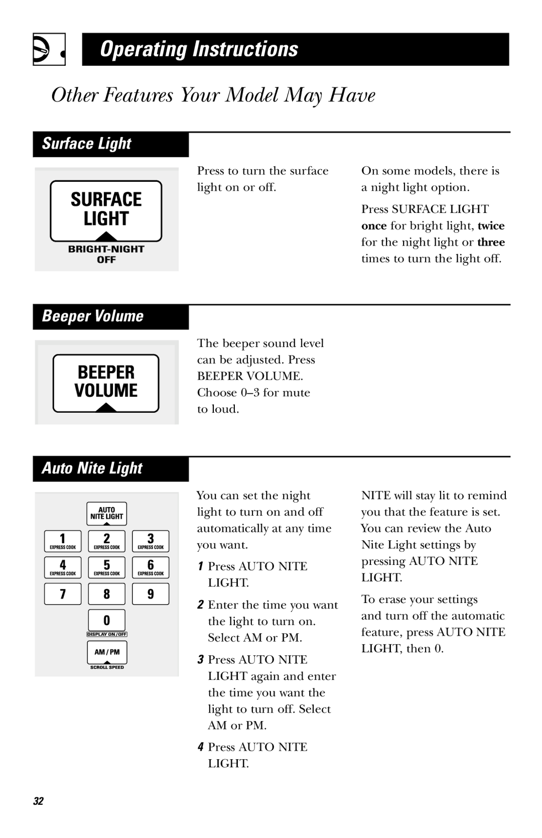 GE JVM1651, JVM1650 owner manual Surface Light, Beeper Volume, Auto Nite Light 