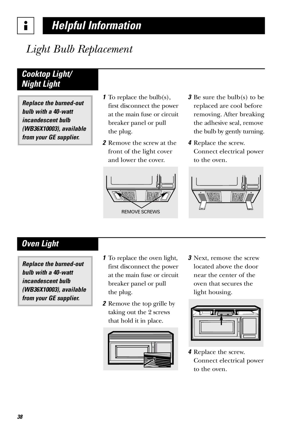 GE JVM1651, JVM1650 owner manual Light Bulb Replacement, Oven Light 