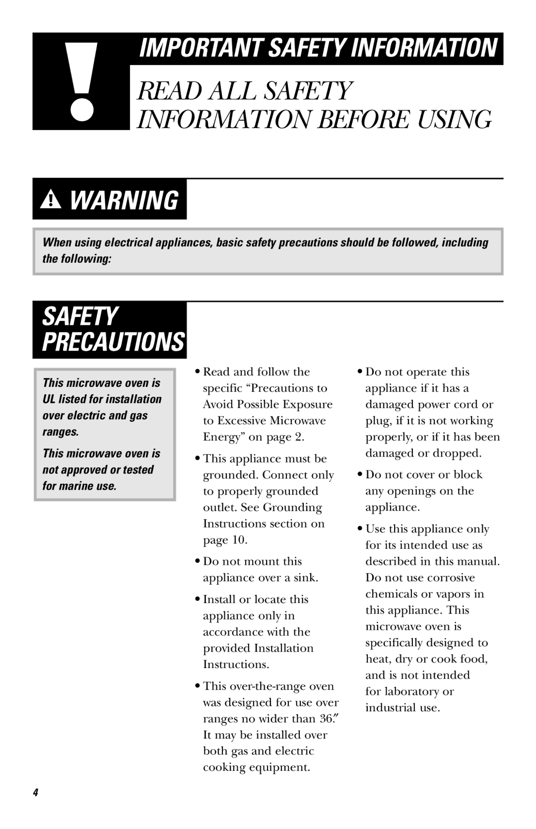 GE JVM1651, JVM1650 owner manual Safety Precautions 