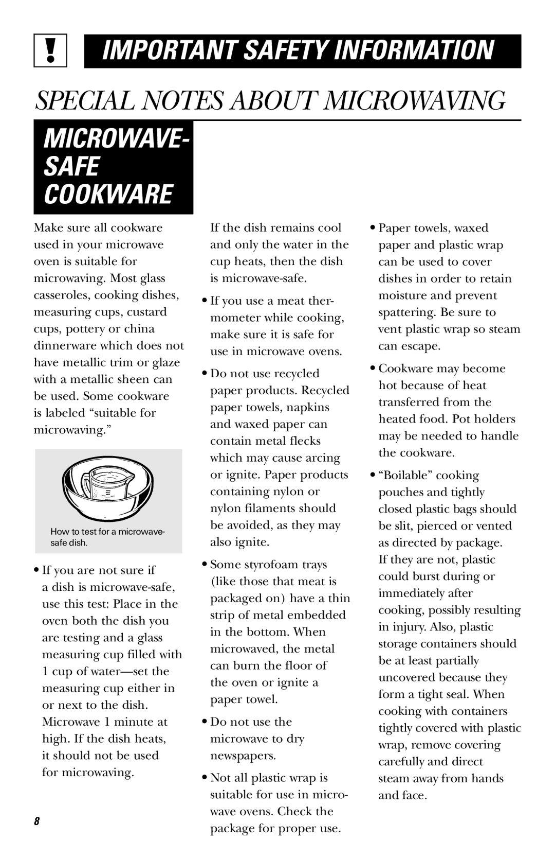 GE JVM1651, JVM1650 owner manual Microwave Safe Cookware 