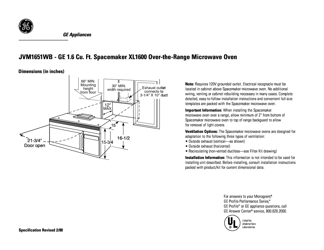 GE JVM1651WB dimensions GE Appliances, Dimensions in inches, 21-3/4, 16-1/2, 15-3 /4, Door open 